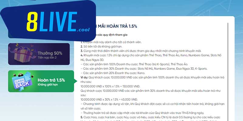 Nhận quà liền tay với khuyến mãi hoàn trả 1.5% từ 8live! 1 Chương trình khuyến mãi hoàn trả chính là món quà tri ân nhà cái muốn gửi đến người chơi