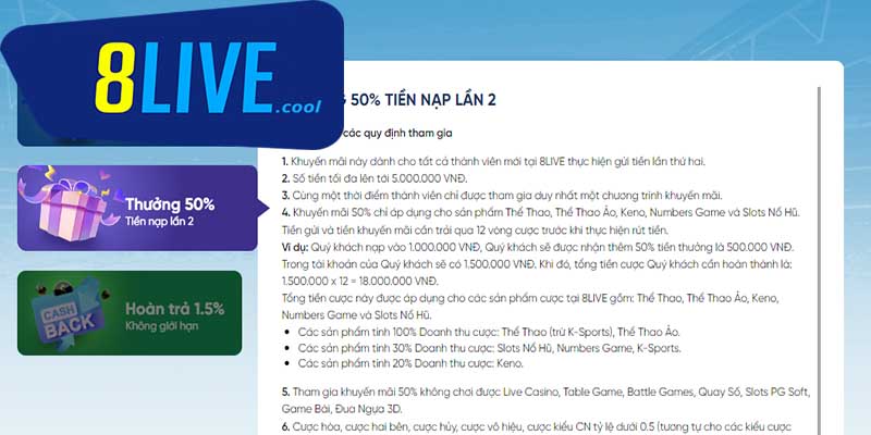 Khuyến mãi nạp lần 2 với mức 50% giá trị tiền thưởng